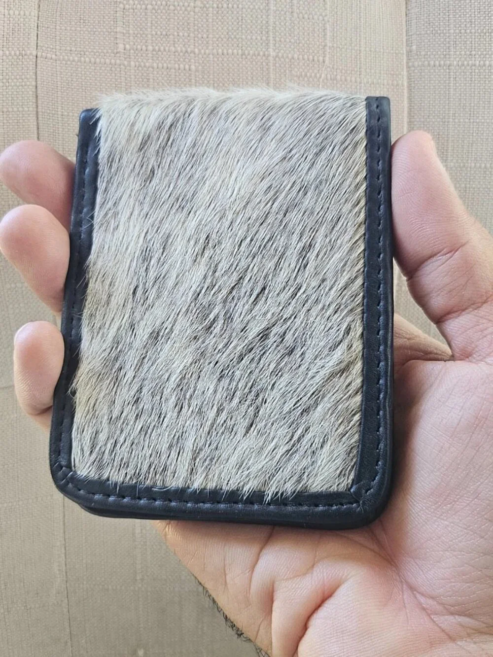 Handmade Billfold Real Fur White/Black Genuine Leather Cardholder Wallet Purse